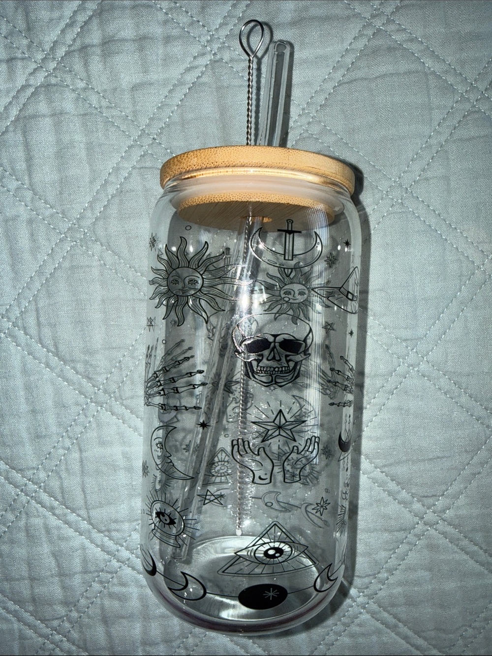 Celestial Skull Glass Tumbler with Bamboo Lid